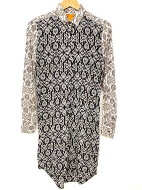 Silk Shirt Dress Black Cream Floral Midi Tunic Style Women’s Small